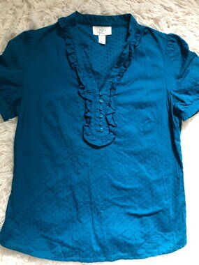 LOFT Blue Teal Swiss Dot Blouse Top Short Sleeve Feminine M Petite